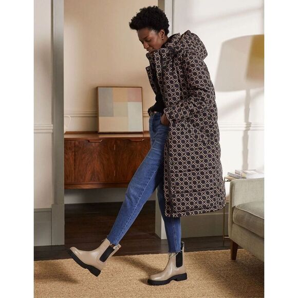 NWOT BODEN Skye Puffer Coat Tan Black Chain Geo size 12 - Picture 2 of 16